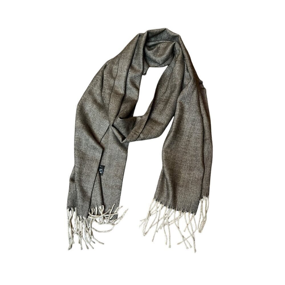 Italian Design Brown Herringbone Cashmere Blend Scarf with Fringe